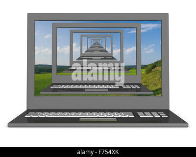 Rekursive 3D-Bild von Laptops mit einer Landschaft auf dem Bildschirm. Stockfoto