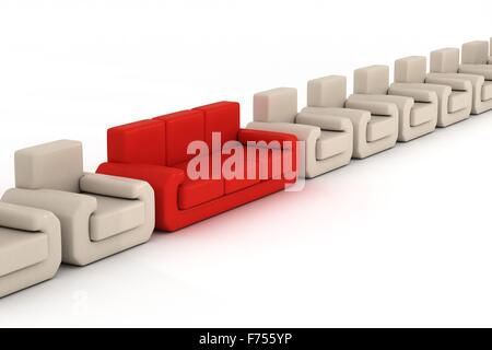 Zeile Sesseln und rotes Sofa auf einem weißen Hintergrund. 3D-Bild. Stockfoto