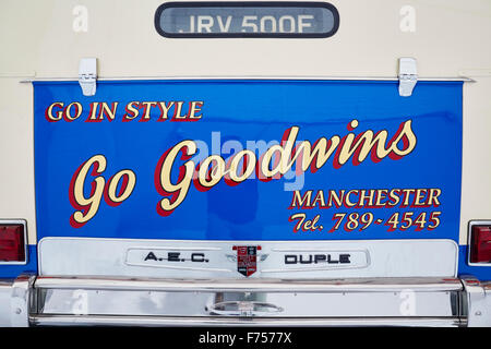 Manchester-Busunternehmen, gehen Goodwins Eccles Trainer gespeichert, Schuppen Vintage Schaufenster Bus Busse angehalten Doppeldecker einzelne Stockfoto