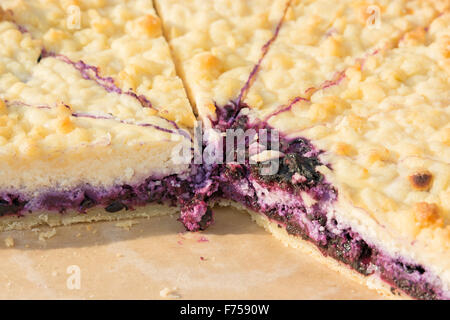 Hausgemachten Heidelbeerkuchen. Foto auf der Frühjahrsmesse unter freiem Himmel an einem sonnigen Tag. Close-up. Stockfoto