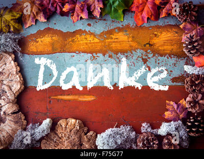 deutsche Wort "Danke" (danke) geschrieben am Vintage Holzbrett mit Zapfen und Blätter Stockfoto