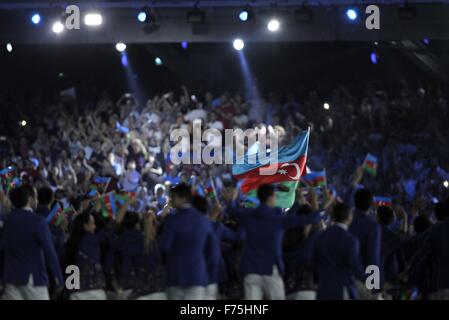 Aserbaidschan-Nationalmannschaft geben Sie das Stadion. Eröffnungsfeier. Olympia-Stadion. Baku. Aserbaidschan. Baku2015. 1. Europäische Spiele. 06.12.2015. Stockfoto