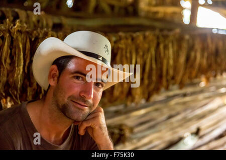 Tabakbauern, Tabakbauern Luis Alvares Manne Rodrigues auf seinem Hof Tabak in Vinales, Kuba, Pinar del Río, Vinales, Kuba Stockfoto