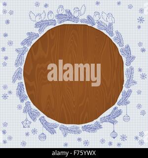 Vektor-Vintage Weihnachten Kritzeleien. Saisonale handgezeichneten Cartoon mit Holzplatte Stock Vektor