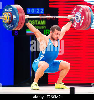 Houston, Texas, USA. 25. November 2015. Kianoush Rostami hebt 173 Kilogramm im reißen bei den Weltmeisterschaften in Houston, Texas. Rostami konkurrierten in der Klasse 85 Kilogramm. Brent Clark/Alamy Live-Nachrichten Stockfoto