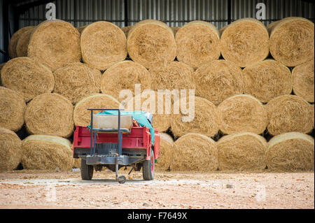 roten Wagen in der Nähe von Stapeln von Ballen Heu auf einer Farm in Südafrika Stockfoto