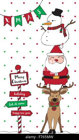 Frohe Weihnachten Kartenbild mit Weihnachtsmann, Rentier, Schneemann, Schnee, grün rot und Streifen rot-weiße Rahmen vertikal Stock Vektor