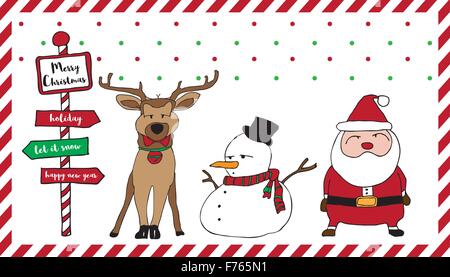 Frohe Weihnachten Kartenbild mit Weihnachtsmann, Rentier, Schneemann, Schnee, grün rot und Streifen rot-weißen Rahmen Stock Vektor