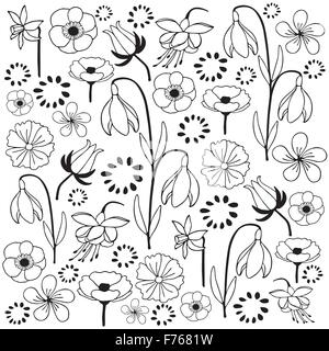 Blumen und Blätter Hand gezeichnete Skizze doodle schwarz / weiß Darstellung Stock Vektor