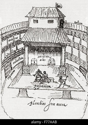 Eine Aufführung im Gange auf der Bühne der Schub der Swan Theatre, Southwark, London, England, im Jahre 1595. Nach einer zeitgenössischen Zeichnung von John de Witt. Stockfoto