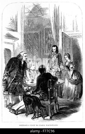 Die Gravur von Johnsons Besuch bei Flora Macdonald wurde in hoher Auflösung von einem Buch aus dem Jahr 1852 gescannt. Sie trafen sich 1773 in Kingsburgh auf der Isle of Skye. Stockfoto