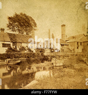 Boot auf dem Wasser bei Sandford Schloss und Mühle, Themse, Oxford, Oxfordshire, England, UK in den 1860er Jahren Stockfoto