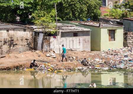 Armut in der Dritten Welt Lifestyle: die lokale Bevölkerung in Slums sichten Müll an den Ufern des verschmutzten Adyar Flussmündung in Chennai, Tamil Nadu, Indien Stockfoto