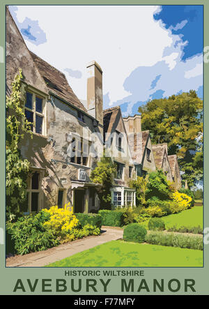 Ein Plakat Stil Illustration aus einem Foto von Avebury Manor & Garten, Avebury in der Nähe von Marlborough, Wiltshire, England, UK Stockfoto