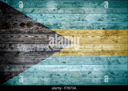 Einen bunten Hintergrundbild der Flagge der Bahamas auf Holzbrettern einer Wand oder Boden gemalt. Stockfoto