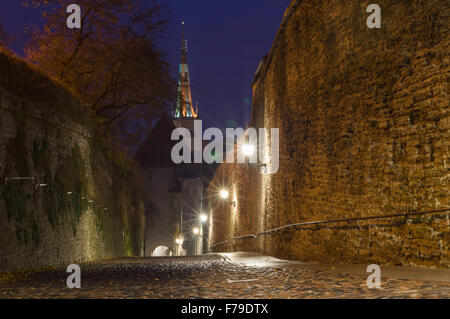 Führende Straße Pikk Jalg beleuchtet bei Nacht mit Blick auf Oleviste Kirche, Tallinn, Estland Stockfoto