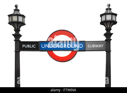 Berühmten London öffentliche u-Bahn-Schild mit Straßenlaternen isoliert auf weiss, Clipping-Pfad enthalten Stockfoto