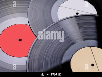 Drei alte Vinyl-Schallplatten, flachen DOF Stockfoto