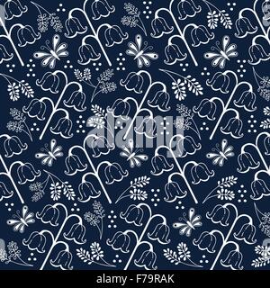 Blume und Blatt hand gezeichnete Doodle Illustration weiße Linie und Navy blau Farbe Hintergrund Stock Vektor