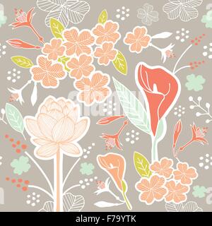 Blume oder Floral und Blatt Muster nahtlose Stoff Vektor Pastell Farbschema auf grauem Hintergrund Stock Vektor