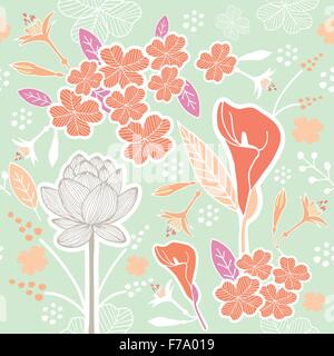 Blume oder Floral und Blatt Muster nahtlose Stoff Vektor Pastell Farbschema auf Pastell Grün Hintergrund Stock Vektor