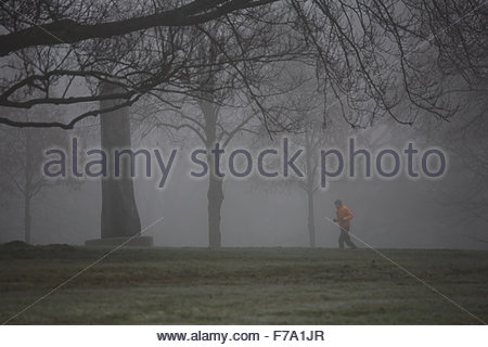 Coburg, Deutschland. November 2015. Der Freitag brachte dichten Nebel in viele Teile Deutschlands. Ein Läufer im Hofgarten in Coburg ist kaum zu sehen, als er seinen Morgenlauf macht. Kredit: Clearpix/Alamy Live Nachrichten Stockfoto