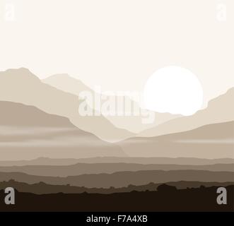Leblose Landschaft mit riesigen Bergen über Sonne. Stock Vektor