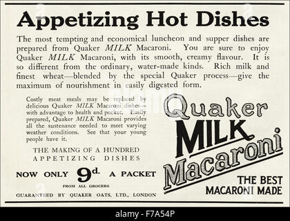1920er Jahre Werbung. Anzeige datiert 1923 Werbung Quäker Milch Makkaroni Stockfoto