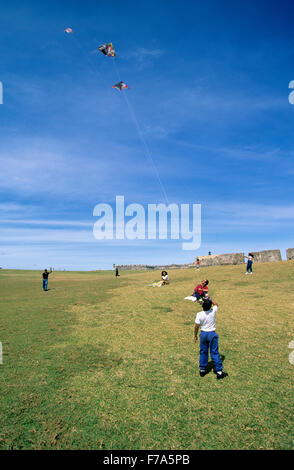 Drachen steigen lassen auf dem Gelände El Morro Festung, Old San Juan, Puerto Rico Stockfoto