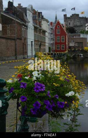 Blumendekoration an einem Kanal in der Altstadt von Gent Stockfoto