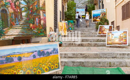 Gemälde zum Verkauf, Altstadt von Taormina, Sizilien, Italien Stockfoto