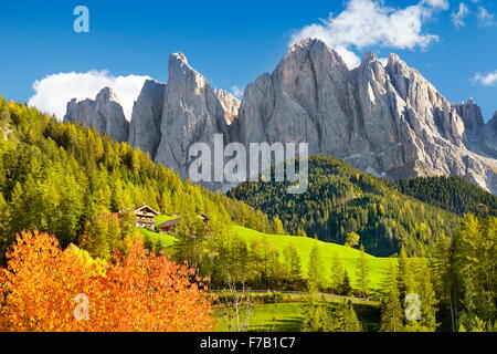 Herbstliche Landschaft im Val Di Funes, Alpen, Dolomiten, Südtirol, Italien Stockfoto