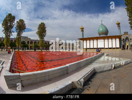 Das Shah-e-Cheragh-Mausoleum mit dem Bassin gefüllt mit roten Wasser zum Gedenken an Ashura, Fars Provinz, Shiraz, Iran Stockfoto