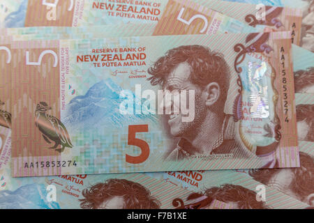 New aktualisiert Polymer fünf Kiwi-Dollar $5 Neuseeland Banknoten NZD Stockfoto