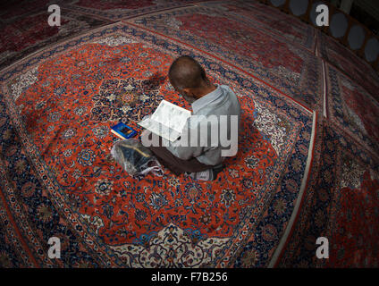 Iranischen schiitischen muslimischen Mann liest den Koran In Fatima Al-Masumeh Moschee, Fars Provinz, Shiraz, Iran Stockfoto