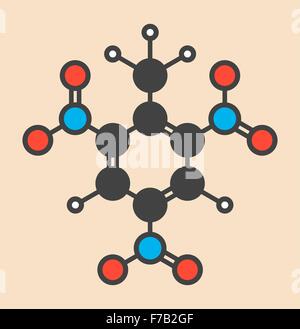 Trinitrotoluol (TNT) hochexplosive Molekül. Stilisierte Skelettformel (chemische Struktur). Atome sind dargestellt als farbcodierte Stockfoto