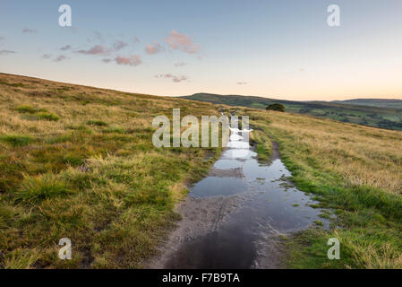 Pfützen auf einem Moor-Wanderweg in der Abenddämmerung. Ein Sommerabend übernommen in der Nähe von Hayfield in Derbyshire. Stockfoto