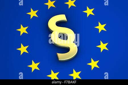 Recht der Europäischen Gemeinschaft, Regeln und Rechtssystem Konzept EU-Flagge mit goldenen Absatzsymbol. Stockfoto