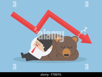 Geschäftsmann, schlafen mit Bären mit nach unten Trend Grafik, Vektor, EPS10 Stock Vektor