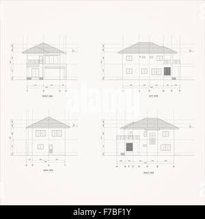 Strichzeichnung Vektorgrafik des Hauses betrachtet 4 Höhe Stockfoto