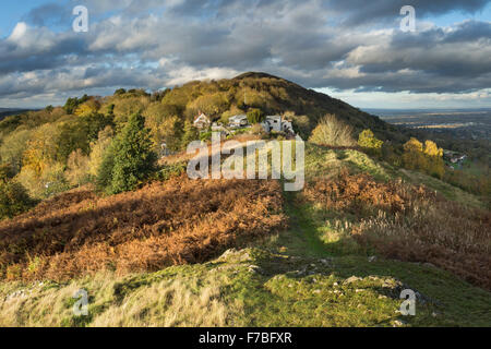 Wyche Zuschnitt auf die Malvern Hills erstrahlt im goldenen Licht des Sonnenuntergangs im Herbst von Ausdauer-Hügel. Stockfoto