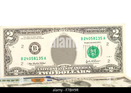 Klar zwei Dollarschein isoliert auf weißem Hintergrund Stockfoto