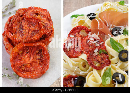 getrocknete Tomaten mit Pasta und Parmesan-Käse, Schinken, Oliven Stockfoto