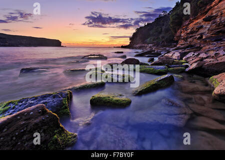 Transparent klar Meeresboden am Royal National Park Wattamola felsigen Strand in Australien bei Sonnenaufgang mit unscharfen Wasser rund grün Stockfoto