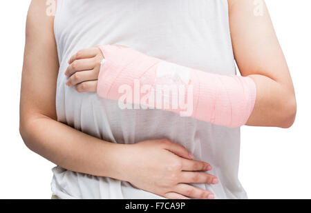 Frau Hand Knochen gebrochen aus Unfall mit Armschlinge Stockfoto
