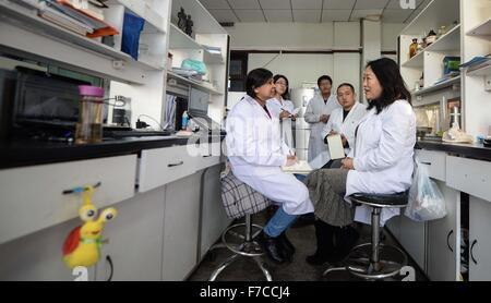 (151129)--CHANGCHUN, 29. November 2015 (Xinhua)--Rambha Kumari Shah (L, vorn), ein Medizinstudent aus Nepal, spricht mit ihr Doktorvater im Labor in Norman Bethune Health Science Center der Jilin Universität in Changchun, Hauptstadt des nordöstlichen Chinas Provinz Jilin, 26. November 2015. 39-j hrige Rambha Kumari Shah und ihre Tochter Neelam Kumari Shah beide an der Norman Bethune Health Science Center der Jilin-Universität studieren. Die Mutter ist ein Doktorand für Mikrobiologie, die Tochter Meisterschüler für Gastroenterologie. Insgesamt 528 ausländische Studierende studierte Medizin an der cente Stockfoto