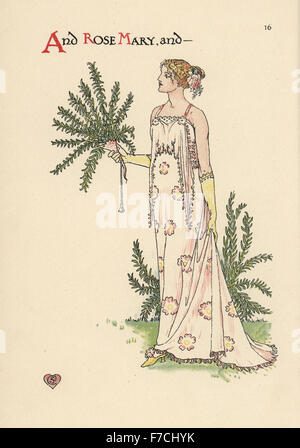 Blumen-Fee des Rosmarins, Rosmarinus Officinalis, im Abendkleid mit Rosmarin Blumenstrauß. Farblitho nach einer Illustration von Walter Crane aus A Blume Hochzeit, Cassell, London, 1905. Stockfoto