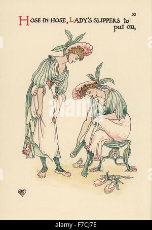 Blume Feen der Frauenschuh Orchideen, Cypripedium Calceolus, dargestellt als Frauen Blume Schuhe anprobieren. Farblitho nach einer Illustration von Walter Crane aus A Blume Hochzeit, Cassell, London, 1905. Stockfoto