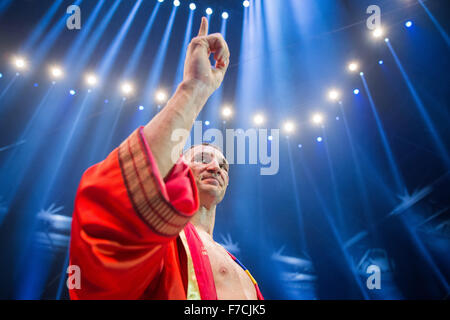 Düsseldorf, Deutschland. 29. November 2015. Ukrainische Boxer Vladimir Klitschko reagiert nach seiner Niederlage gegen britische Kämpfer Tyson Fury (nicht abgebildet) in ihre Welt-Schwergewichts-Titelkampf in der Esprit Arena in Düsseldorf, 28. November 2015. Tyson Fury of Britain ist neuer Schwergewichts-Weltmeister nach dem Sieg über lang regierende Ukrainer Vladimir Klitschko in einem einstimmigen Beschluss in Düsseldorf. Fury, 27, gewann die Titel der drei wichtigsten Ranking Organisationen, IBF, WBO und WBA, vor 45.000 Zuschauern eine Partituren von 115-112, 115-112 und 116-111. © Dpa Picture-Alliance/Alam Stockfoto