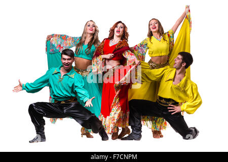 Cabaret-Tänzerin-Team tanzen. Retro-Mode-Stil, isoliert auf weißem Hintergrund in voller Länge. Stockfoto